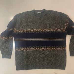 Structure Olive Green and Navy Crewneck Patterned Sweater